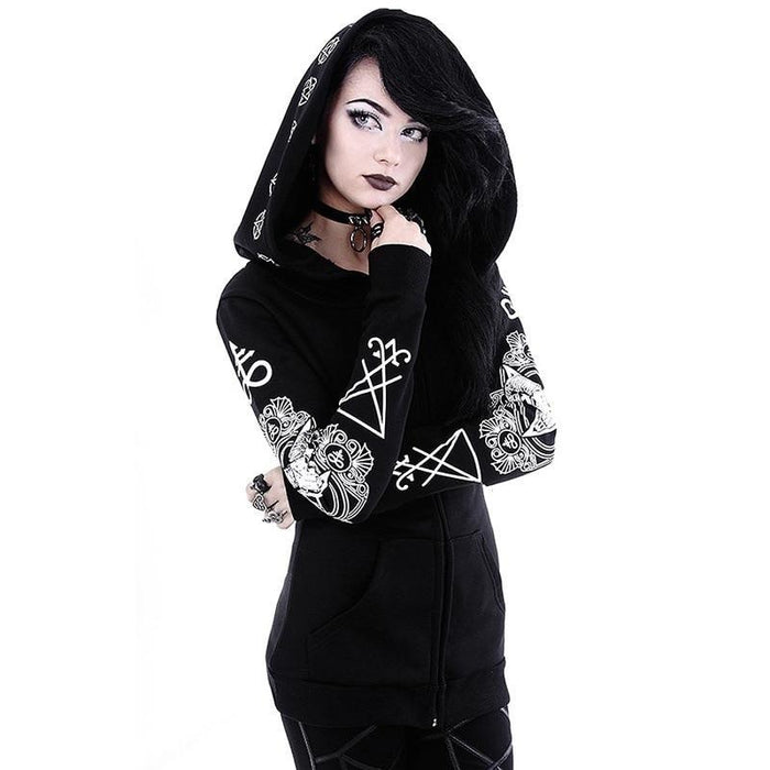 Womens Gothic Punk Printed Zip-Up Hoodie