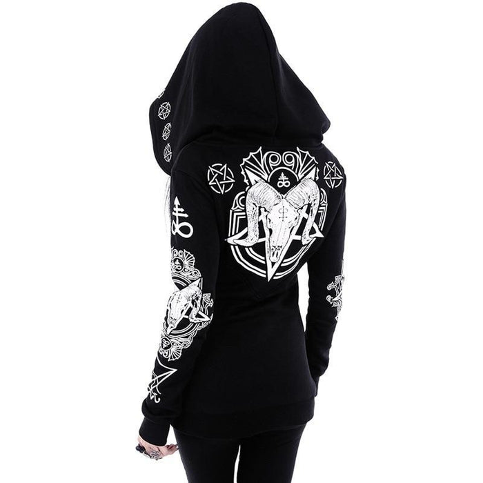 Womens Gothic Punk Printed Zip-Up Hoodie