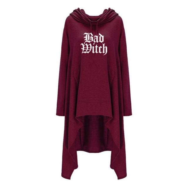 Womens Long Irregular Bad Witch Printed Hoodies