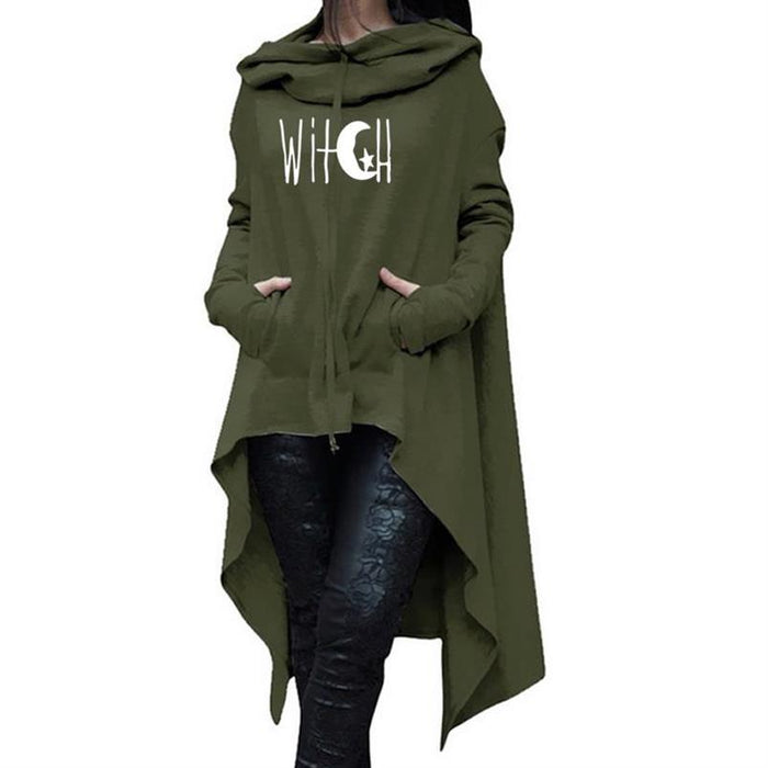 Womens Long Irregular Witch Printed Hoodies