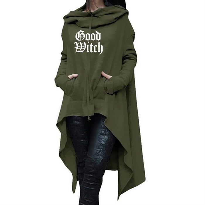 Womens Long Length Good Witch Printed Irregular Hoodie