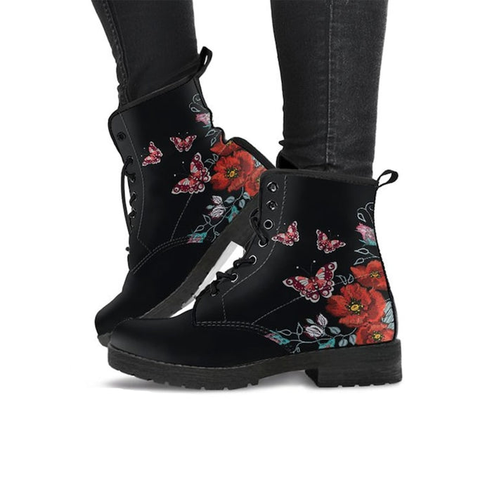 Womens Lovely Floral Design Printed Lace-Up Boots