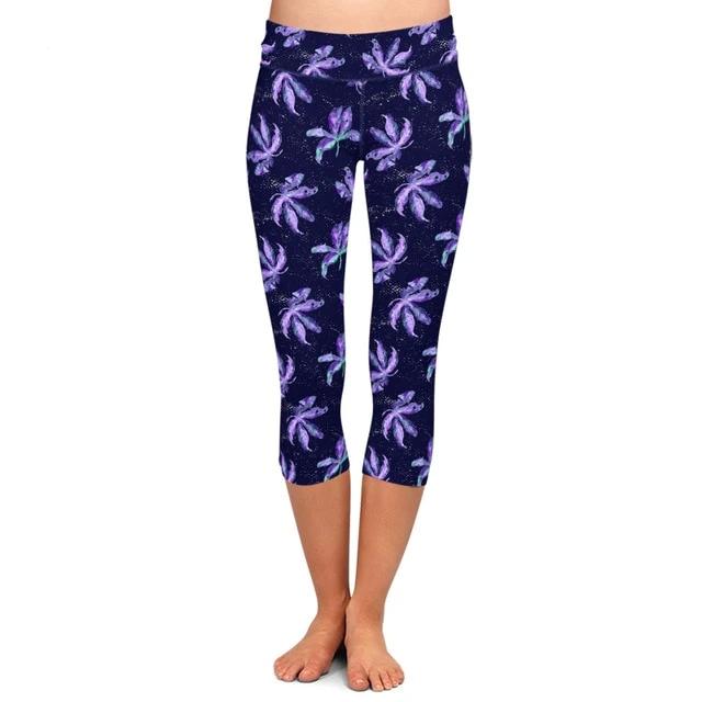 Womens Purple Floral Printed Capri Leggings