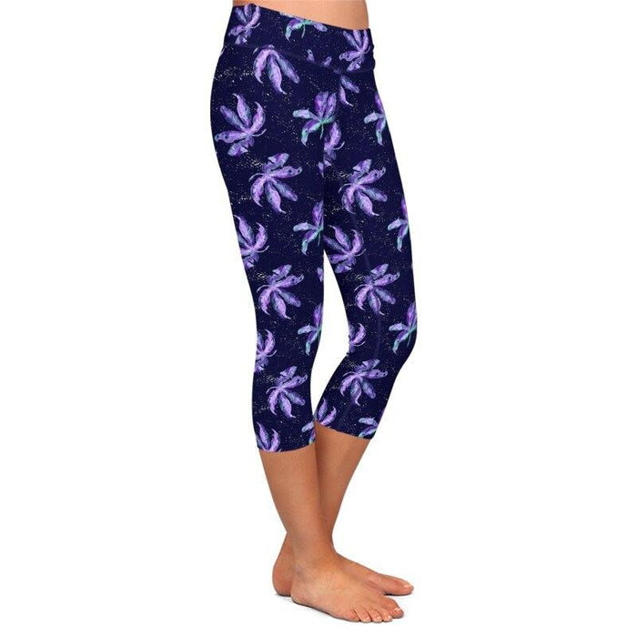 Womens Purple Floral Printed Capri Leggings