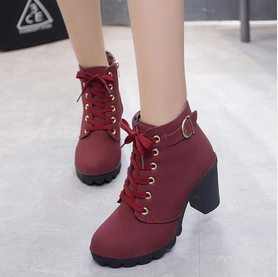 Womens Solid Coloured Lace-up Fashion Boots With Heel