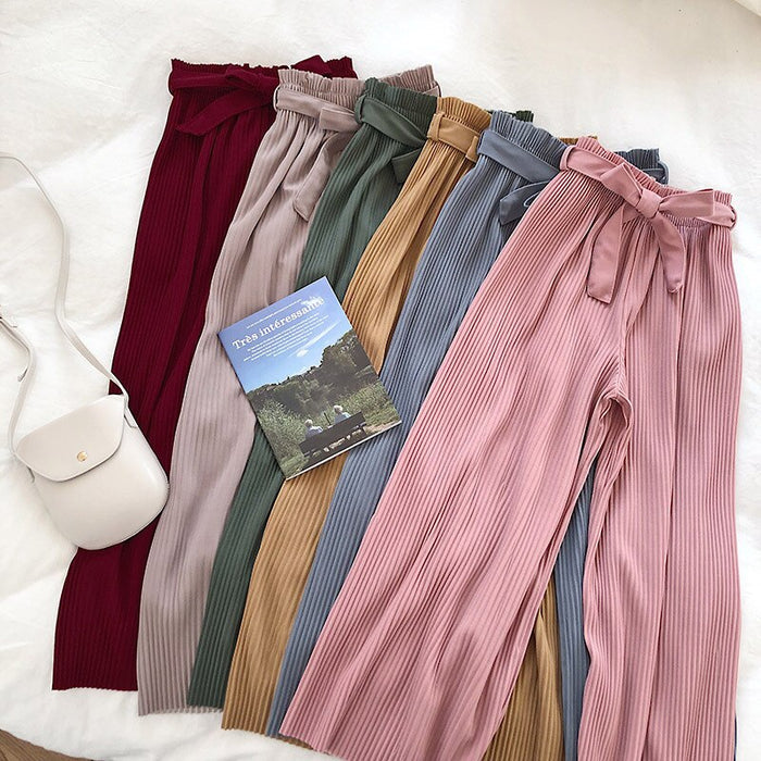 Womens Solid Colours Pleated Wide-Leg Comfy Pants