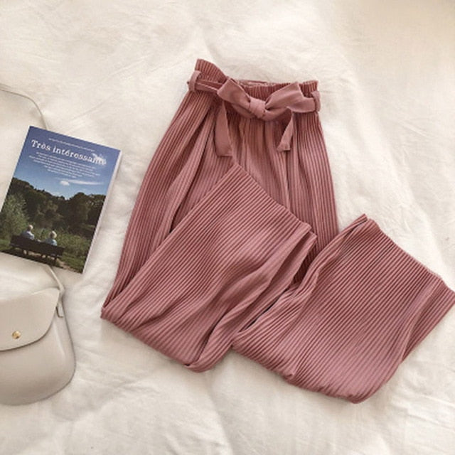 Womens Solid Colours Pleated Wide-Leg Comfy Pants