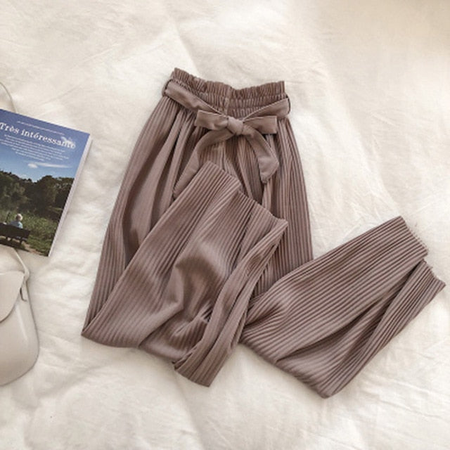 Womens Solid Colours Pleated Wide-Leg Comfy Pants