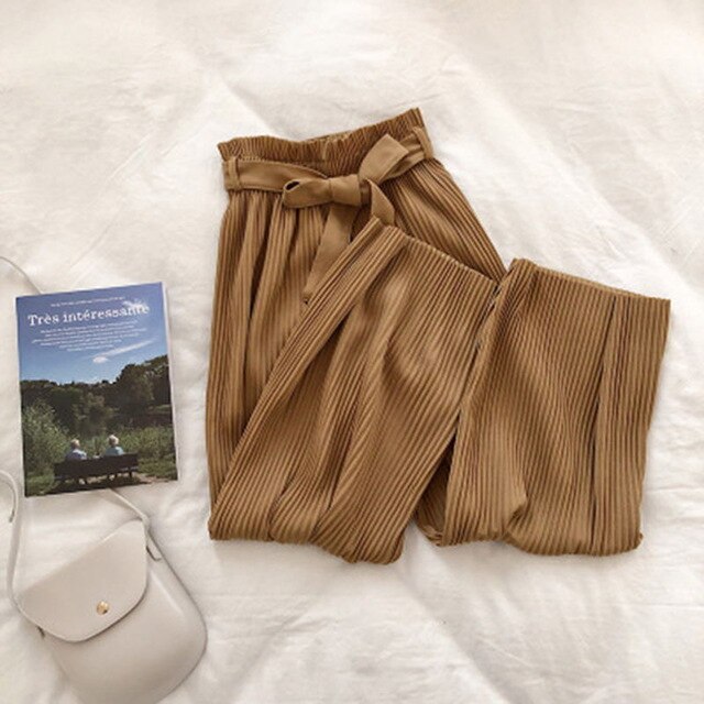 Womens Solid Colours Pleated Wide-Leg Comfy Pants