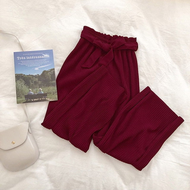 Womens Solid Colours Pleated Wide-Leg Comfy Pants