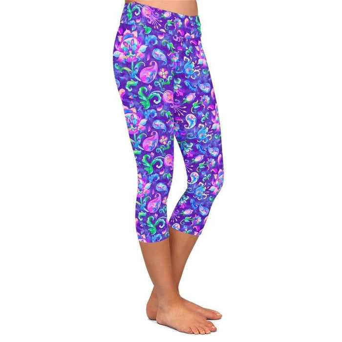 Womens Watercoloured Floral Printed Capri Leggings