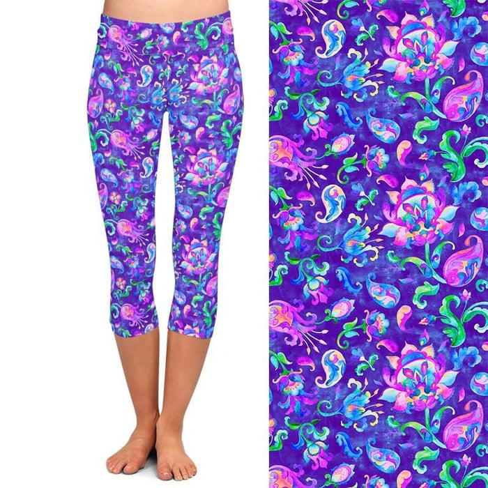 Womens Watercoloured Floral Printed Capri Leggings