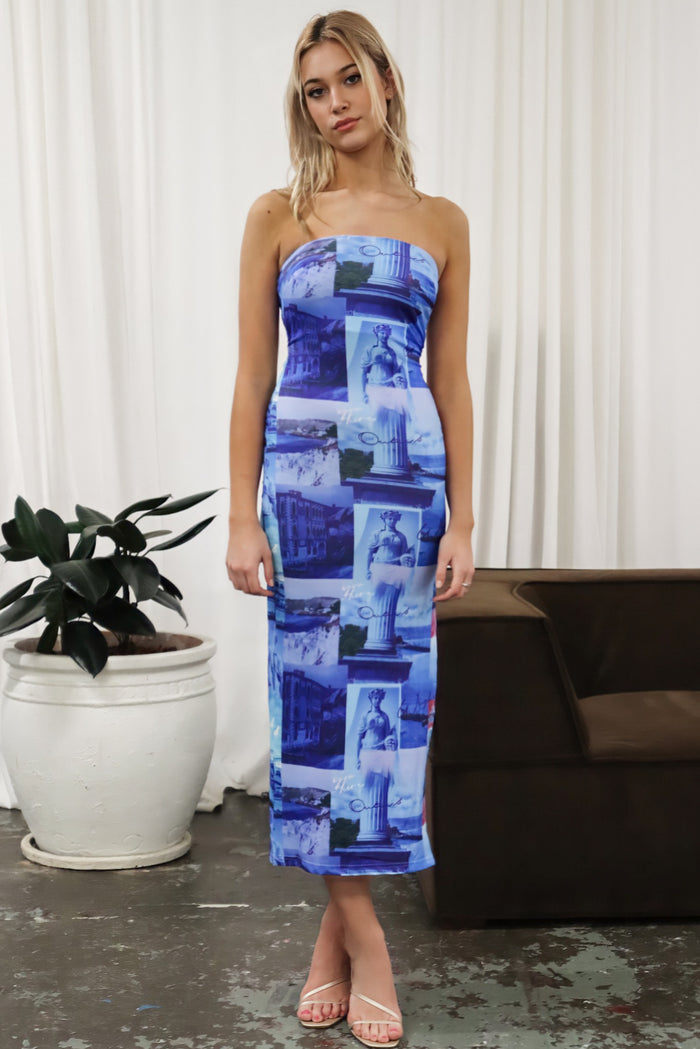 Xyra Midi Dress - Blue Postcard Print - Runway Goddess