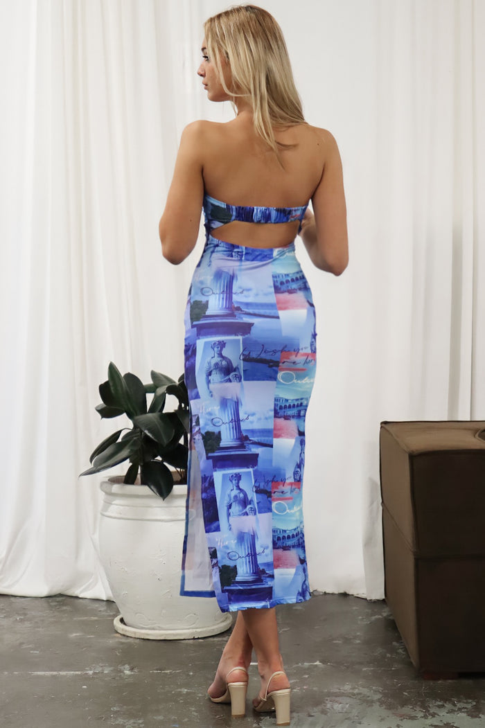 Xyra Midi Dress - Blue Postcard Print - Runway Goddess