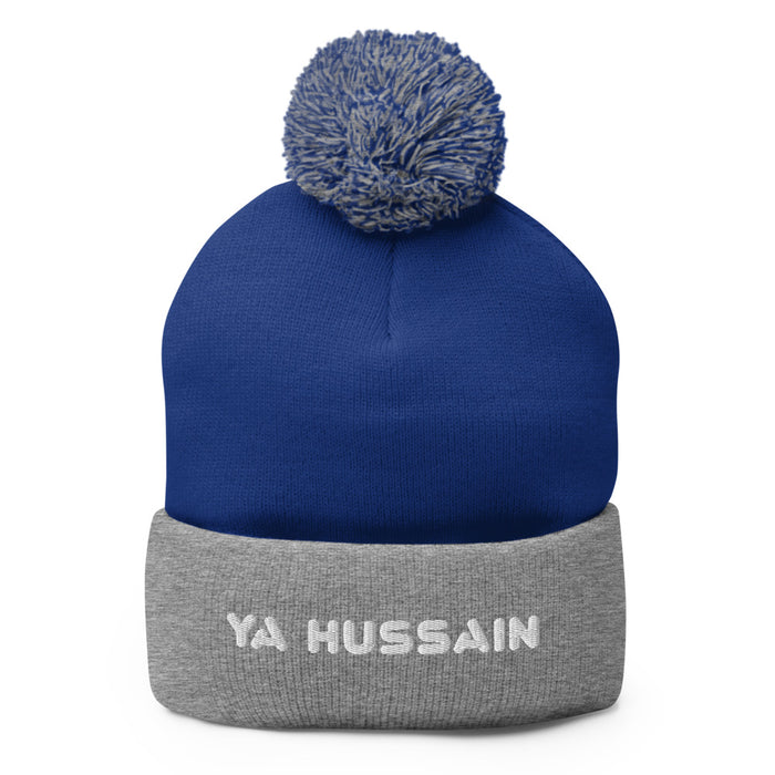 Ya Hussain (as) White - Embroidered Pom-Pom Beanie