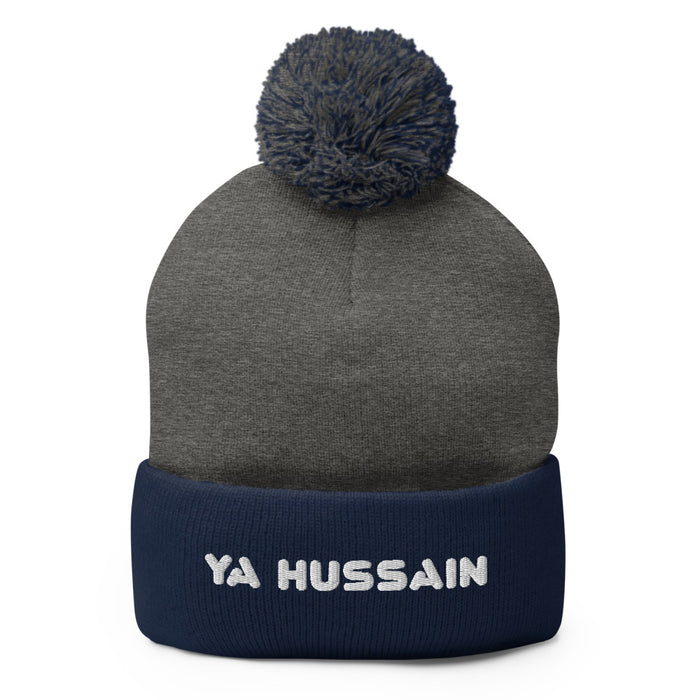 Ya Hussain (as) White - Embroidered Pom-Pom Beanie
