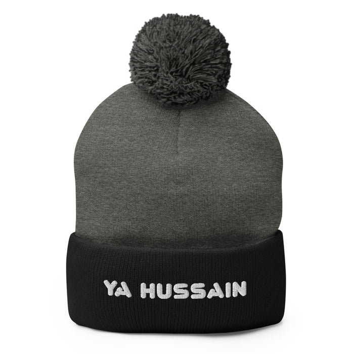 Ya Hussain (as) White - Embroidered Pom-Pom Beanie
